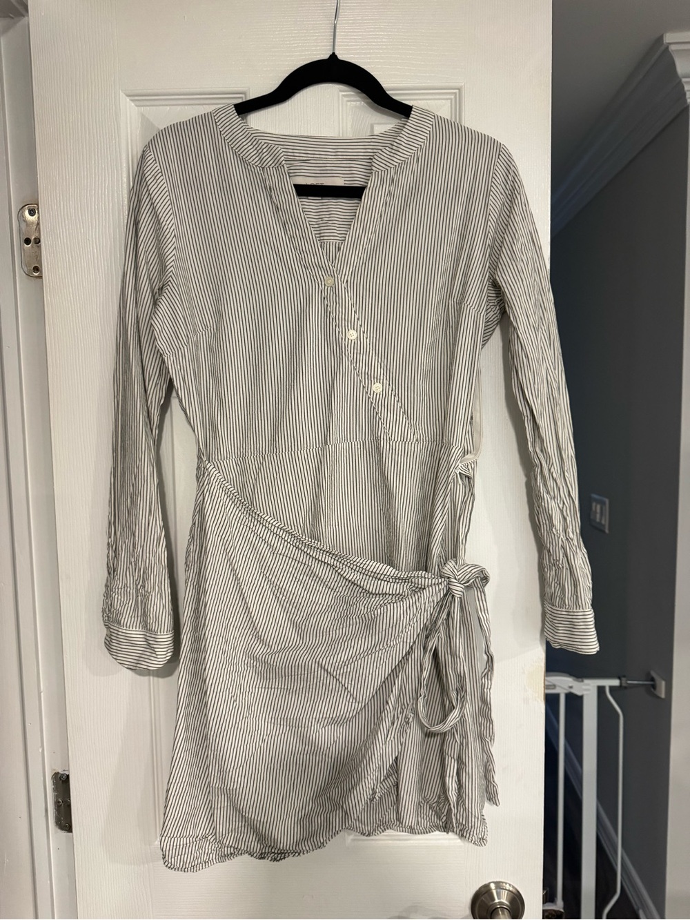 LOFT White and Black Striped Wrap-Front Long Sleeve Dress